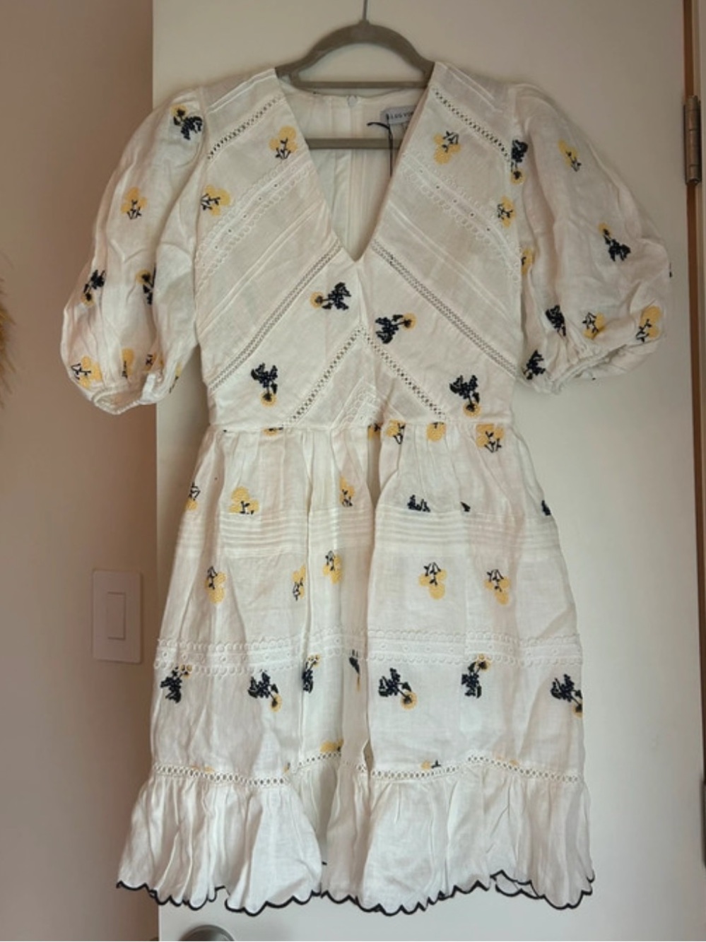 White Embroidered Puff-Sleeve Mini Dress with Yellow & Navy Floral Embroidery